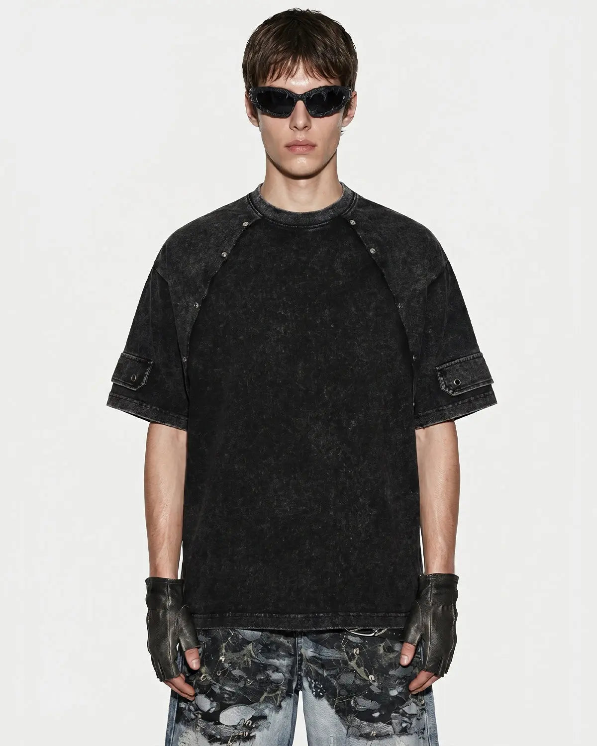 Deconstructed washed oversized T-shirt by INFLATION Streetwear featuring relaxed fit and distressed detailing.