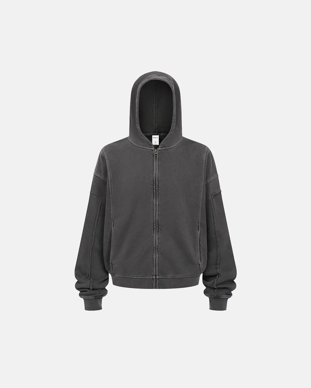 Acid wash stitching zip-up hoodie by Flation Streetwear, featuring a front zipper, hood, and distressed acid wash design.