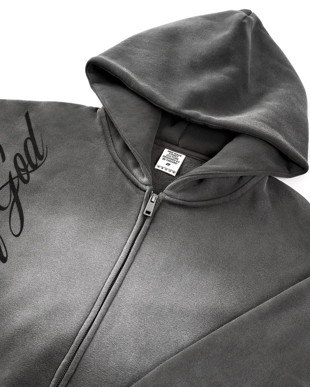 Acid wash zip-up hoodie from Flation Streetwear featuring a casual fit, hood, and front zipper in a trendy distressed style.