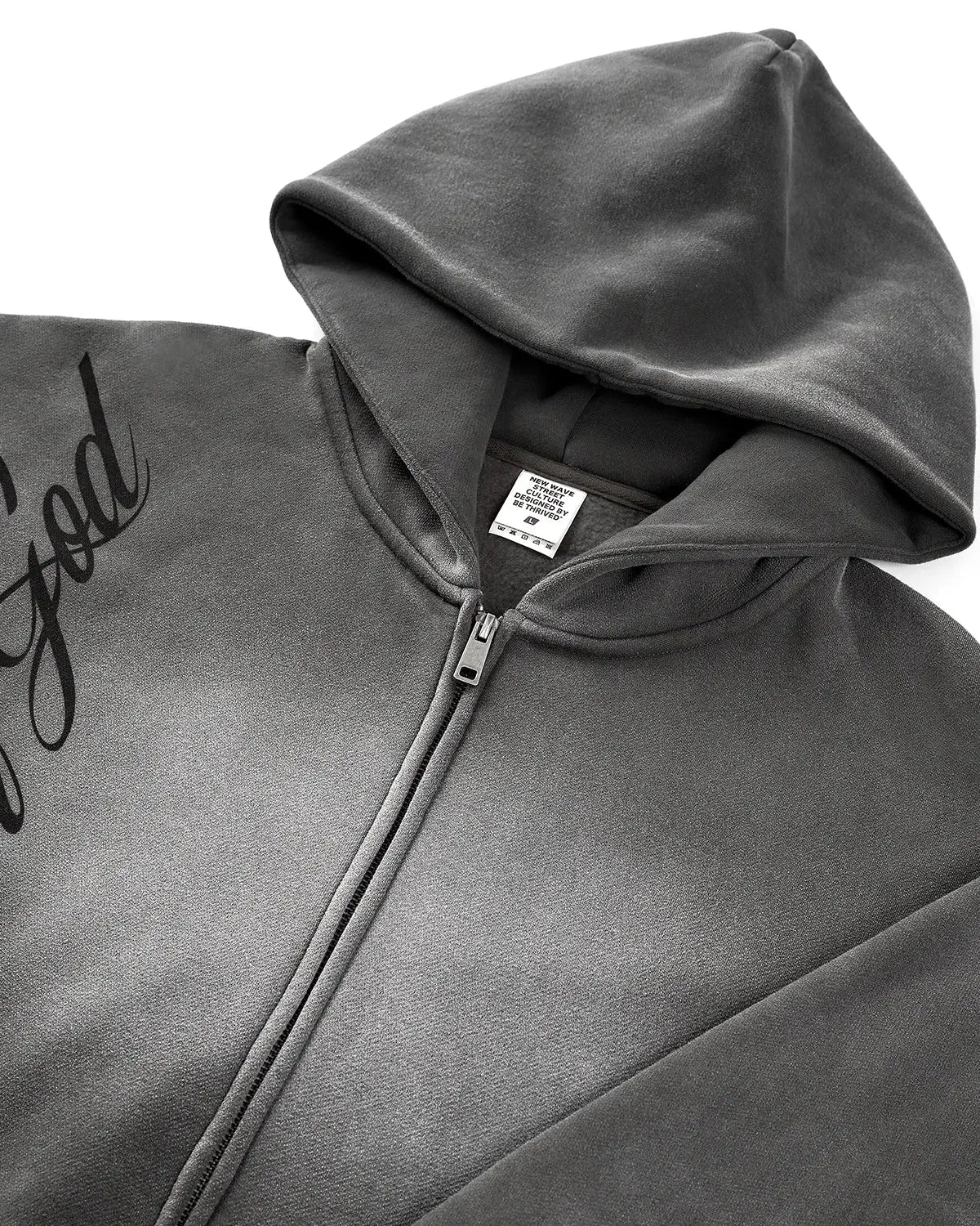 Acid wash zip-up hoodie from Flation Streetwear featuring a casual fit, hood, and front zipper in a trendy distressed style.