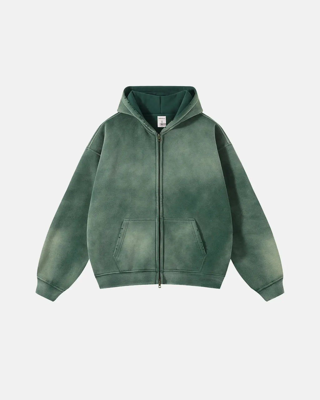 Acid washed zip-up hoodie by Flation Streetwear, featuring a casual fit, front zipper, hood, and distressed fabric texture.
