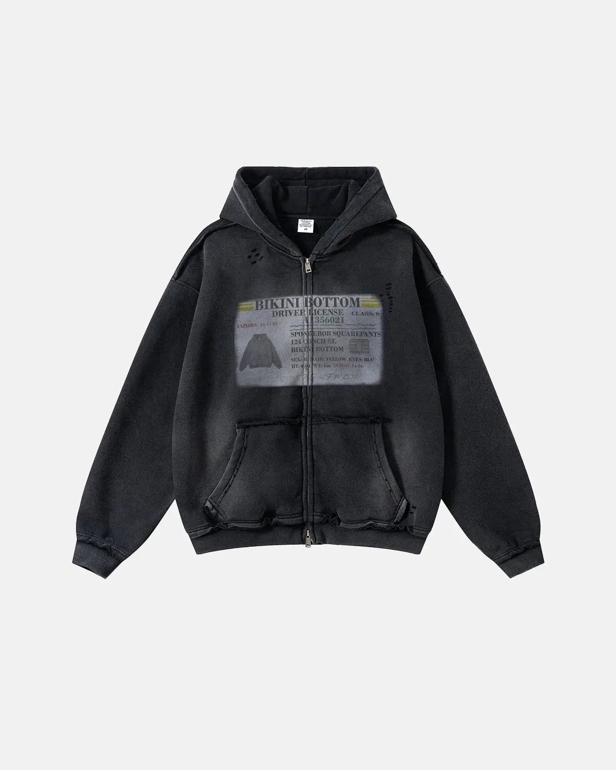 Inflation Streetwear graphic ripped washed zip-up hoodie with distressed details and front zipper, casual streetwear style.