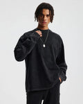 Distressed acid wash oversized long sleeve tee from Flation Streetwear, casual fit with worn, faded fabric and relaxed style.