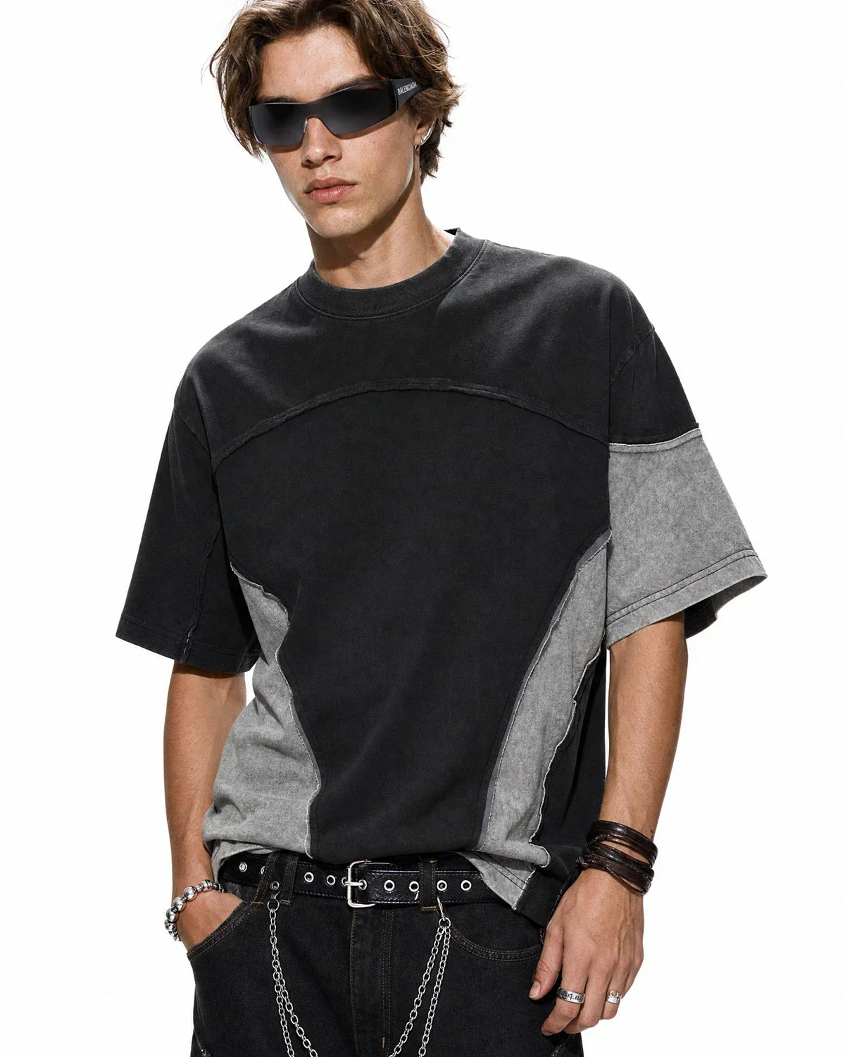 Inflation Streetwear patchwork washed boxy cropped T-shirt with multicolor patch design and relaxed fit, displayed on a hanger.