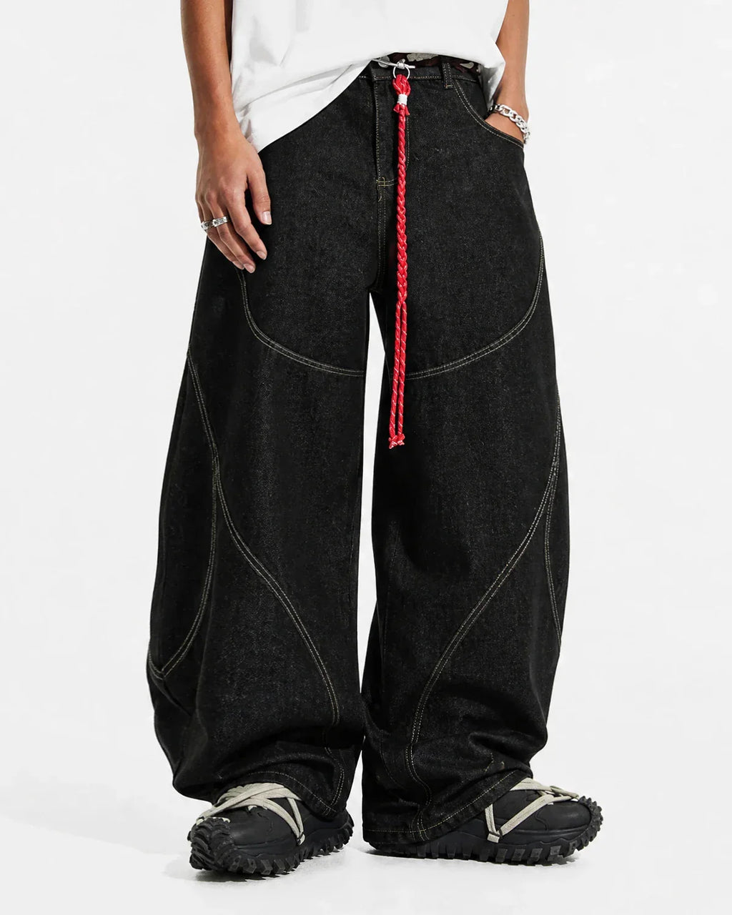 Flation Acid Wash Stitching Baggy Jeans featuring distressed denim and relaxed fit, casual streetwear style.