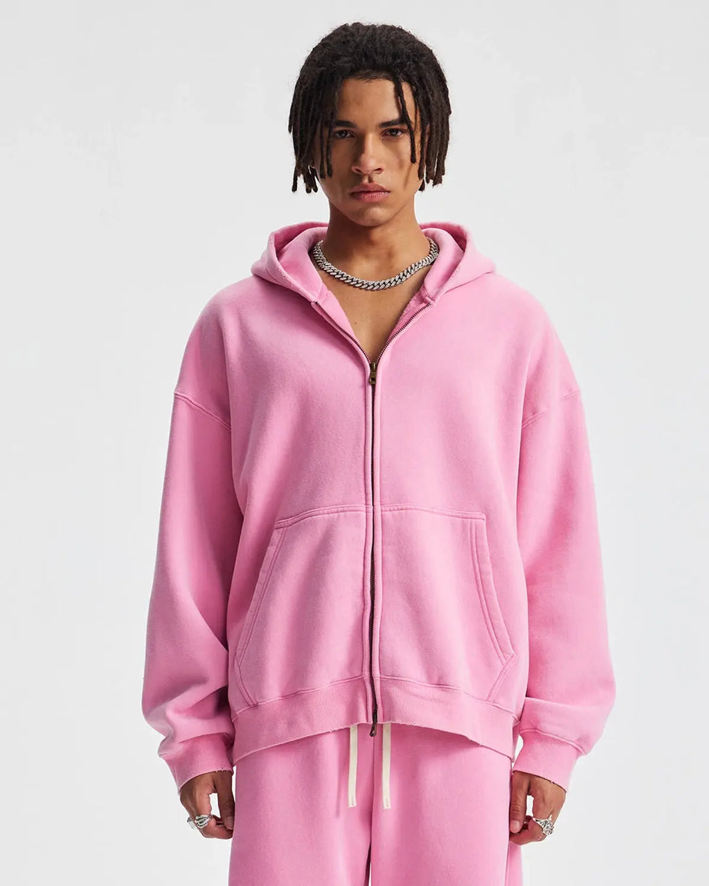 Boxy fit acid washed fleece zip-up hoodie from Flation Streetwear, showing the relaxed fit and stylish acid wash fabric.