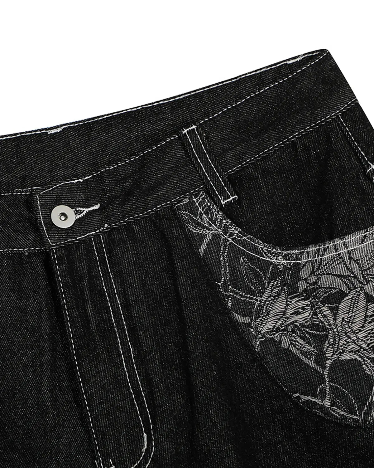 Baggy denim jorts with embroidered pocket from Inflation Streetwear, featuring relaxed fit and detailed stitched pocket design.