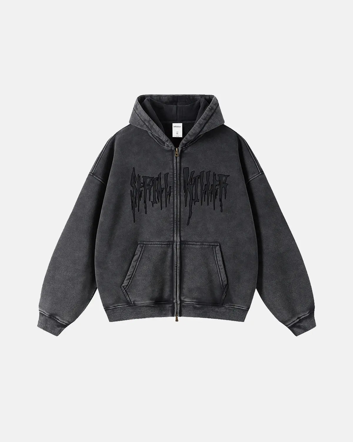 Flation gothic acid wash zip-up hoodie with streetwear style, featuring a hood, front zipper, and distressed fabric details.