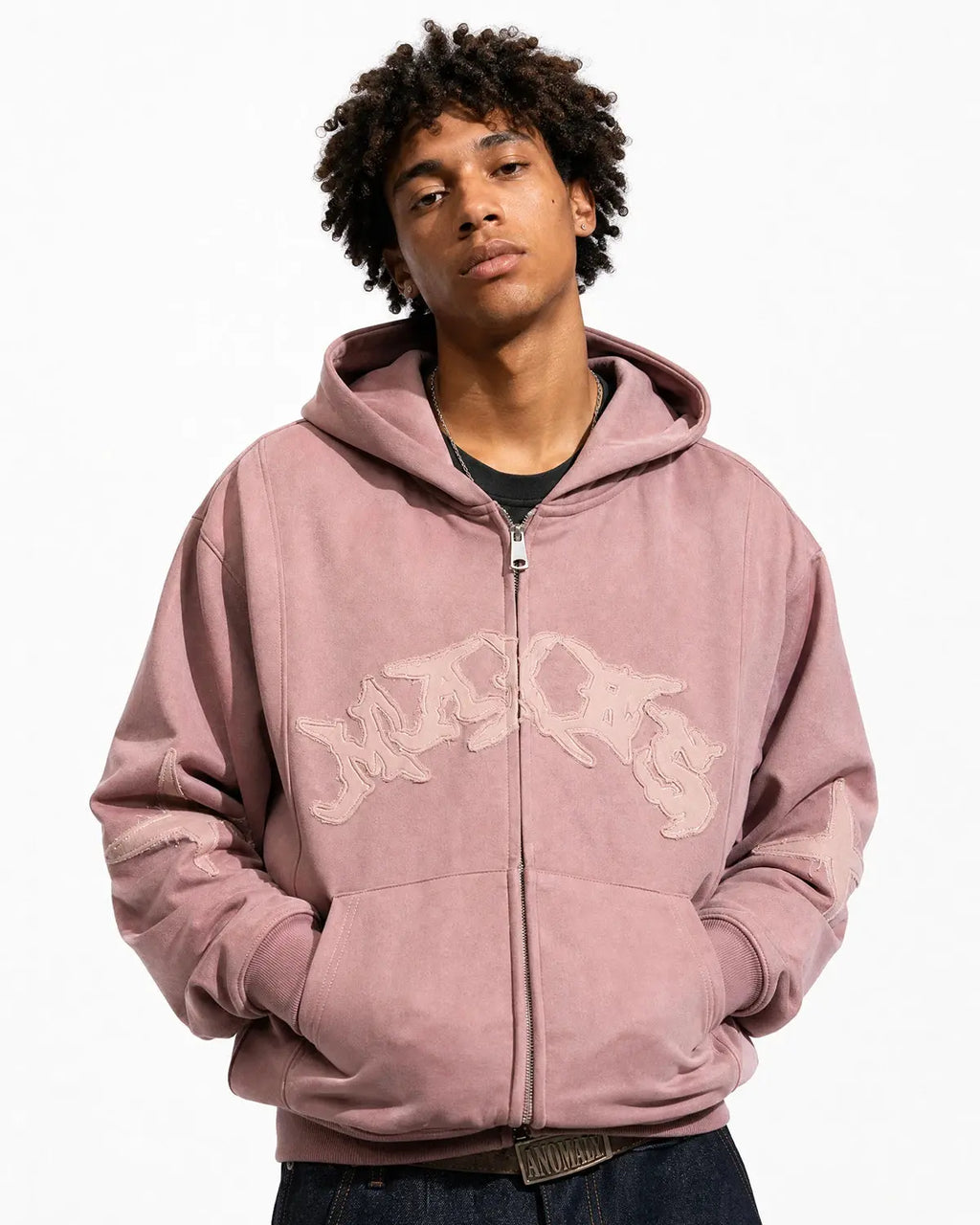 Inflation Streetwear suede patch embroidery zip hoodie, casual hoodie with embroidered patches, front zipper, and soft fabric.