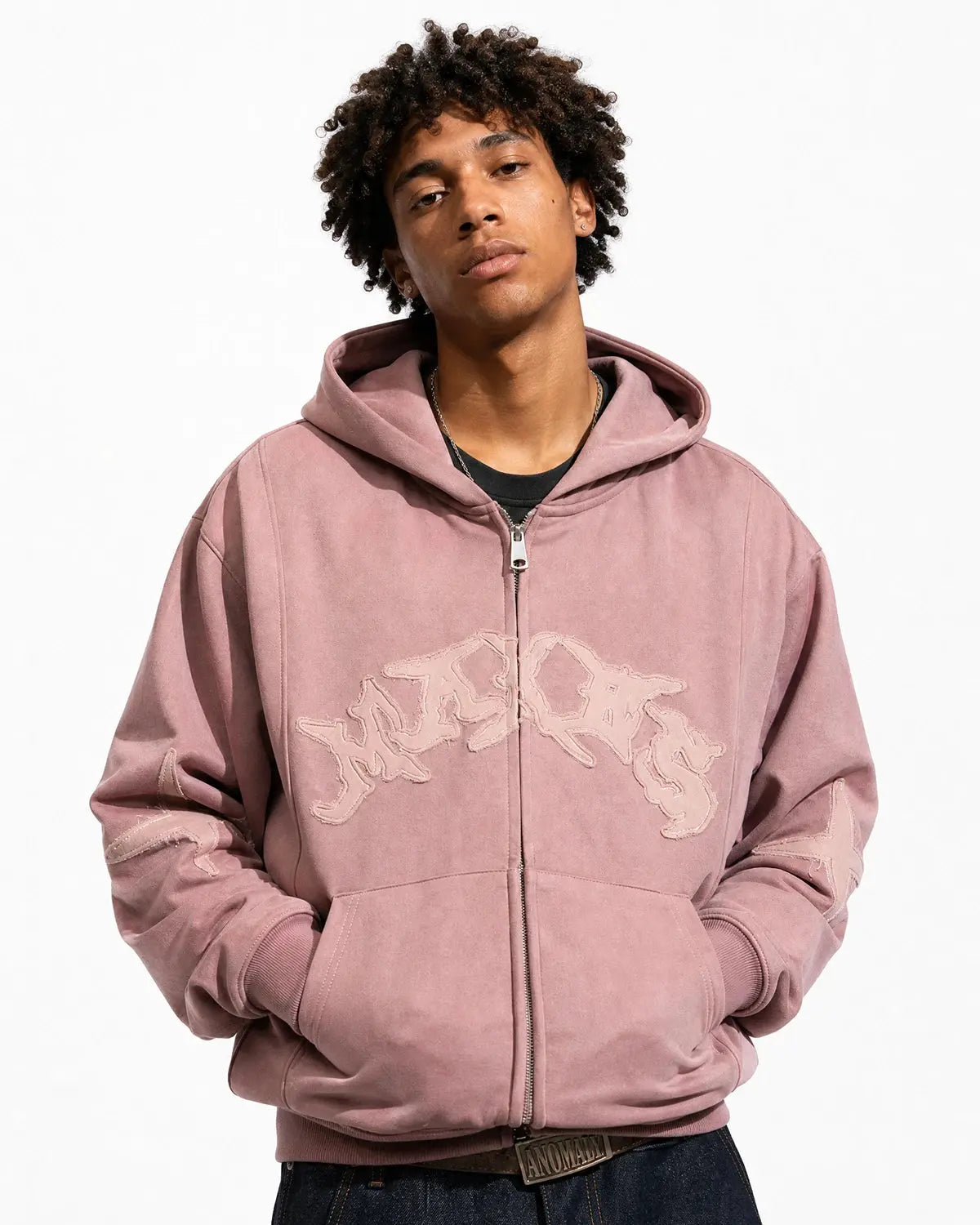 Inflation Streetwear suede patch embroidery zip hoodie, casual hoodie with embroidered patches, front zipper, and soft fabric.