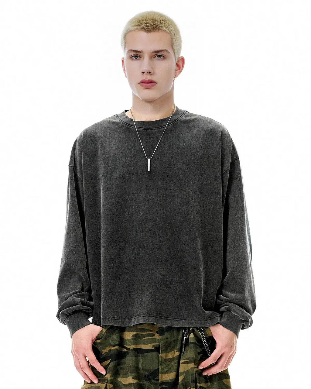 Distressed washed long sleeve tee from Flation Streetwear featuring a relaxed fit and vintage-inspired design.