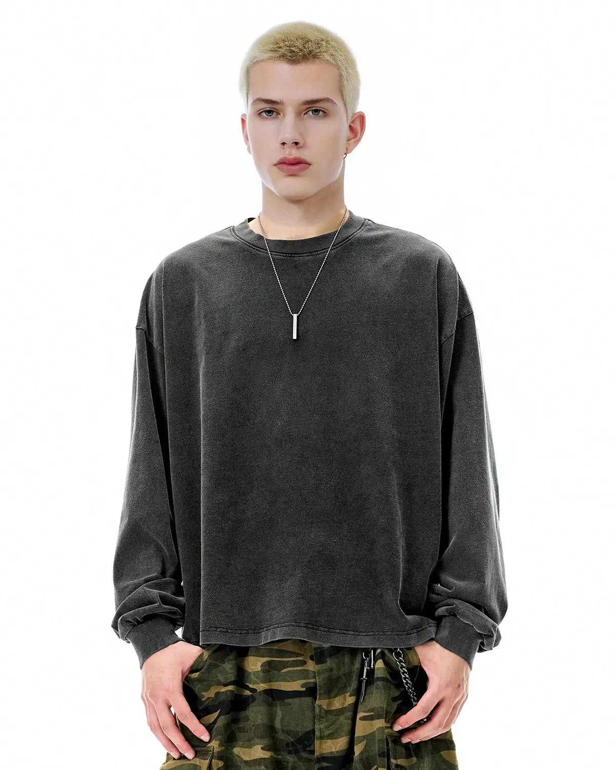 Distressed washed long sleeve tee from Flation Streetwear featuring a relaxed fit and vintage-inspired design.
