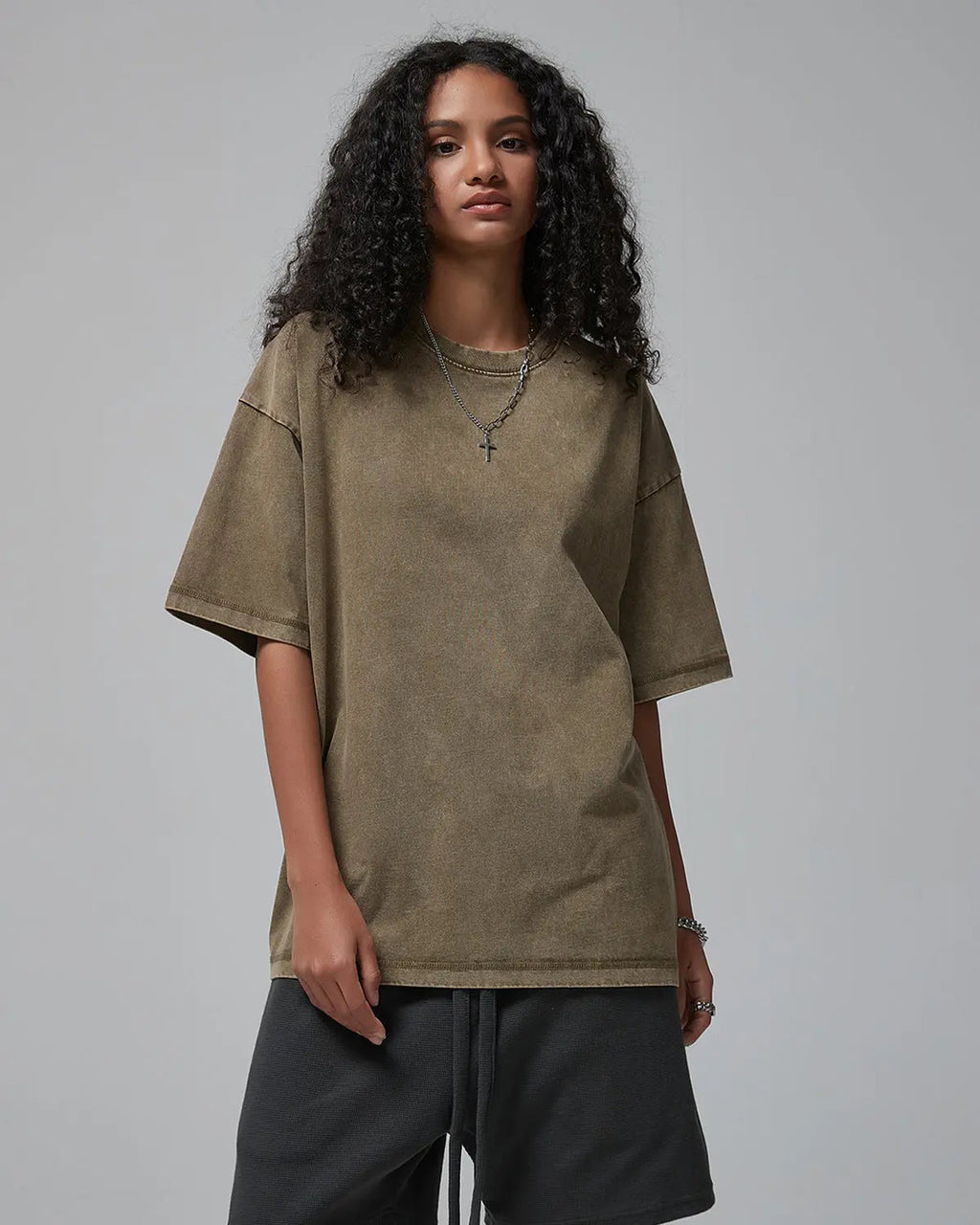 Mock neck wax washed T-shirt from INFLATION streetwear collection, featuring a textured fabric and casual fit.
