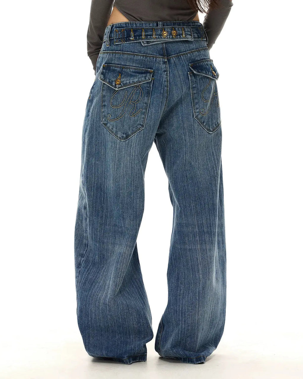 Inflation Streetwear washed bamboo weave baggy jeans with cinch back, relaxed fit, and casual streetwear style.