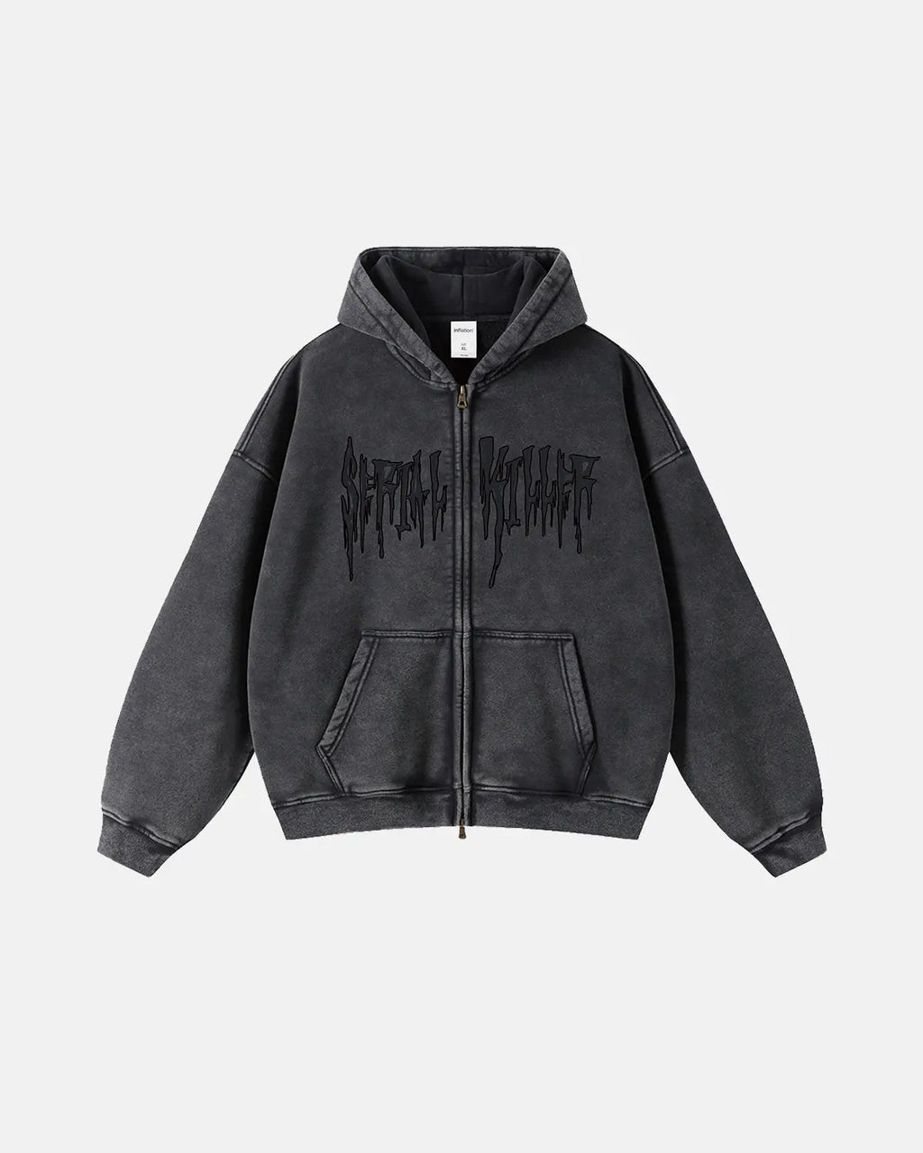 Flation streetwear gothic acid wash zip-up hoodie with a hood, front zipper, and distressed details on the fabric.