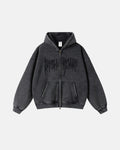 Flation streetwear gothic acid wash zip-up hoodie with a hood, front zipper, and distressed details on the fabric.