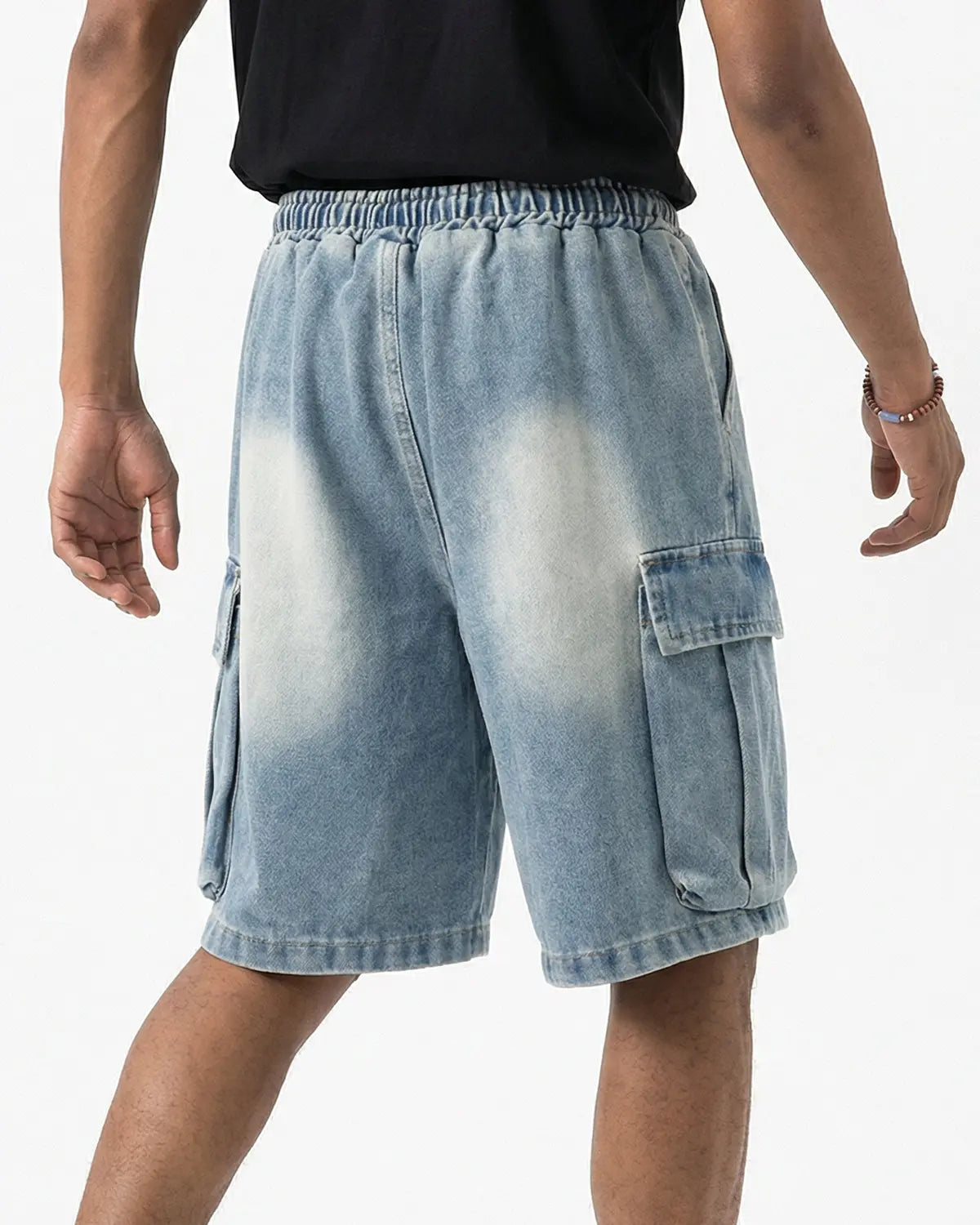 Inflation streetwear washed denim cargo shorts with drawstring, featuring multiple pockets and a relaxed fit.