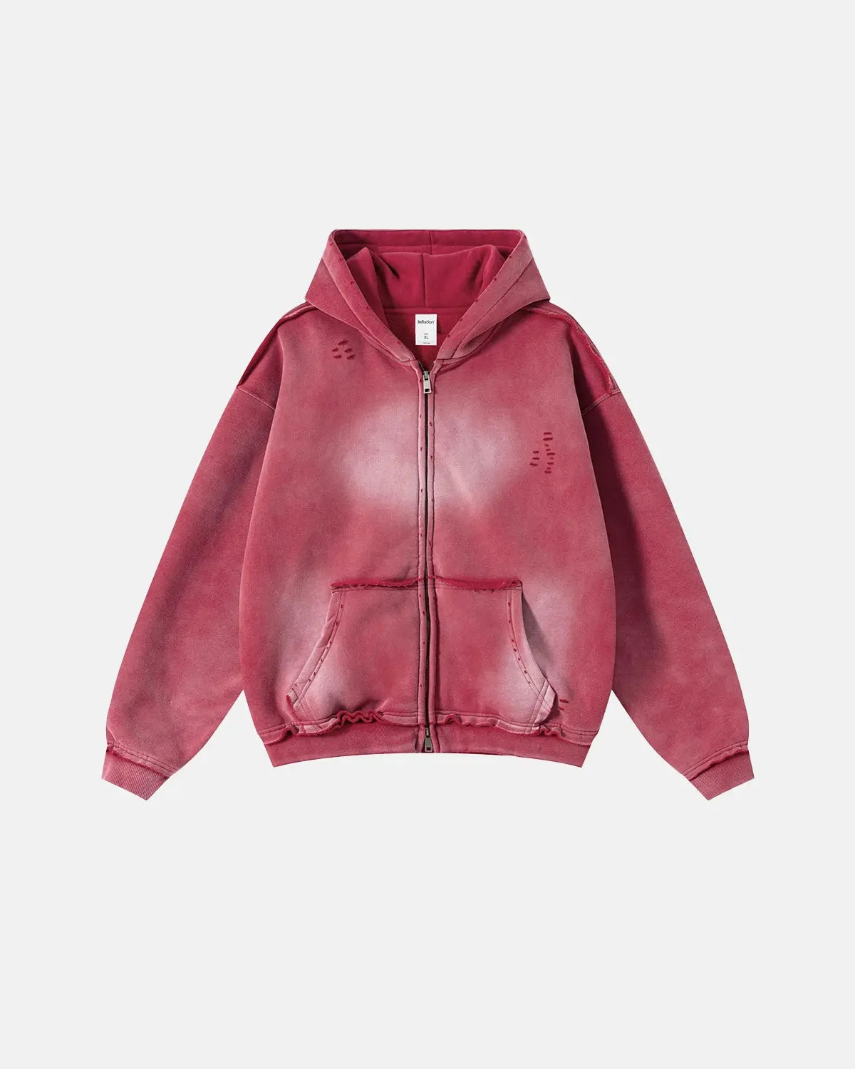 Inflation Monkey Wash Ripped Zip Up Hoodie with distressed details and front zipper, casual streetwear style.