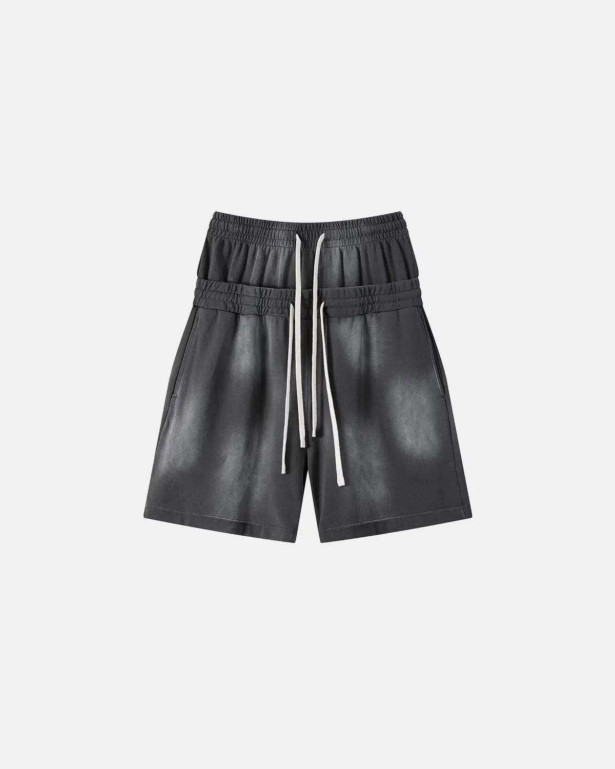 Inflation Streetwear double waist monkey wash sweat shorts with relaxed fit and distressed denim look, casual streetwear style.