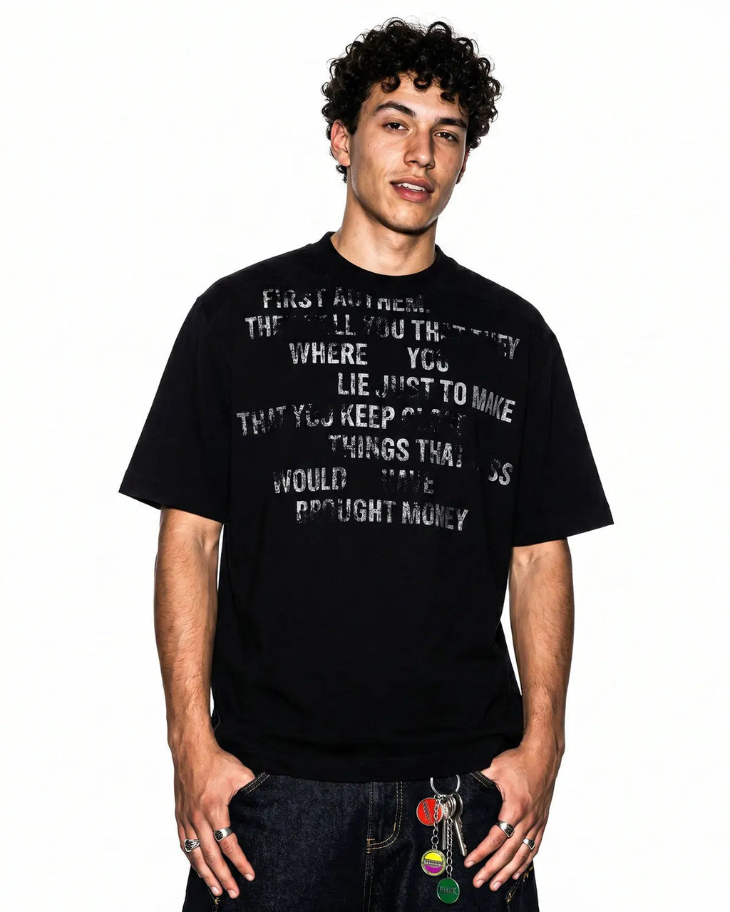 Inflation Streetwear distressed graphic mock neck t-shirt featuring a bold print on soft cotton fabric, casual streetwear style.