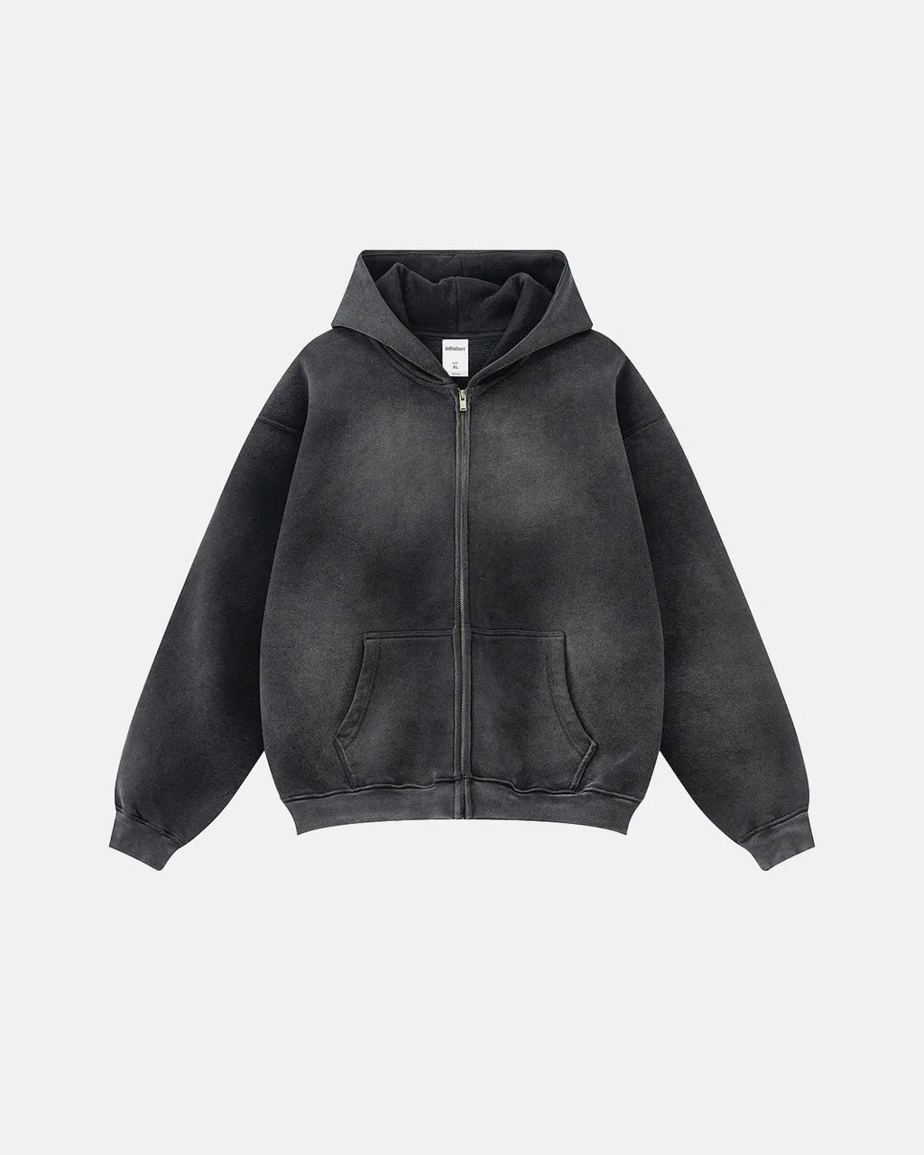 Flation Streetwear acid washed zip-up hoodie showing a relaxed fit with a drawstring hood and front zipper detail.