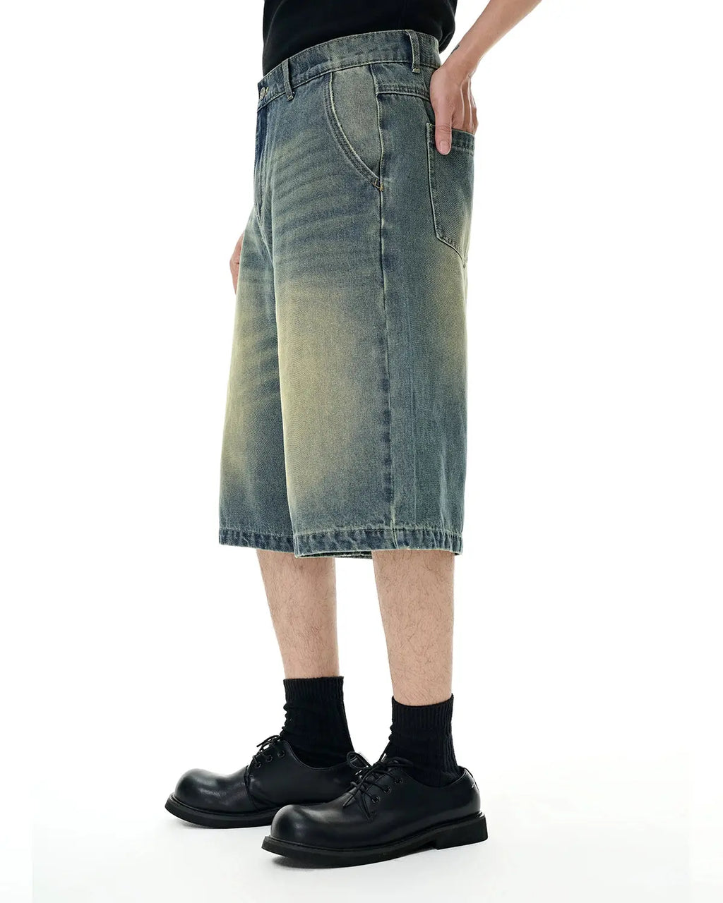 Retro washed denim shorts (jorts) from Flation Streetwear, featuring distressed denim and a relaxed fit.