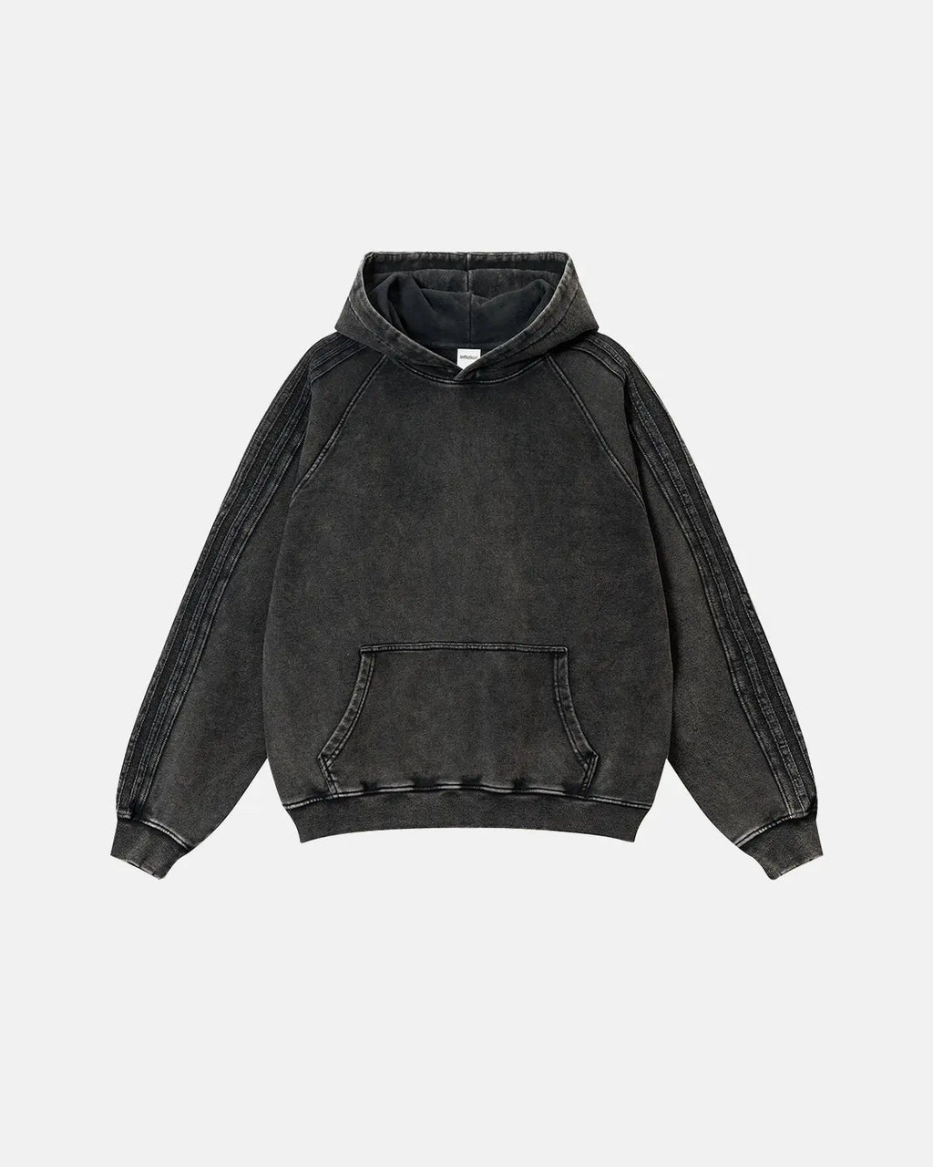 Inflation Streetwear frayed seam acid wash hoodie with distressed details, casual fit, and soft fabric, displayed on a hanger.