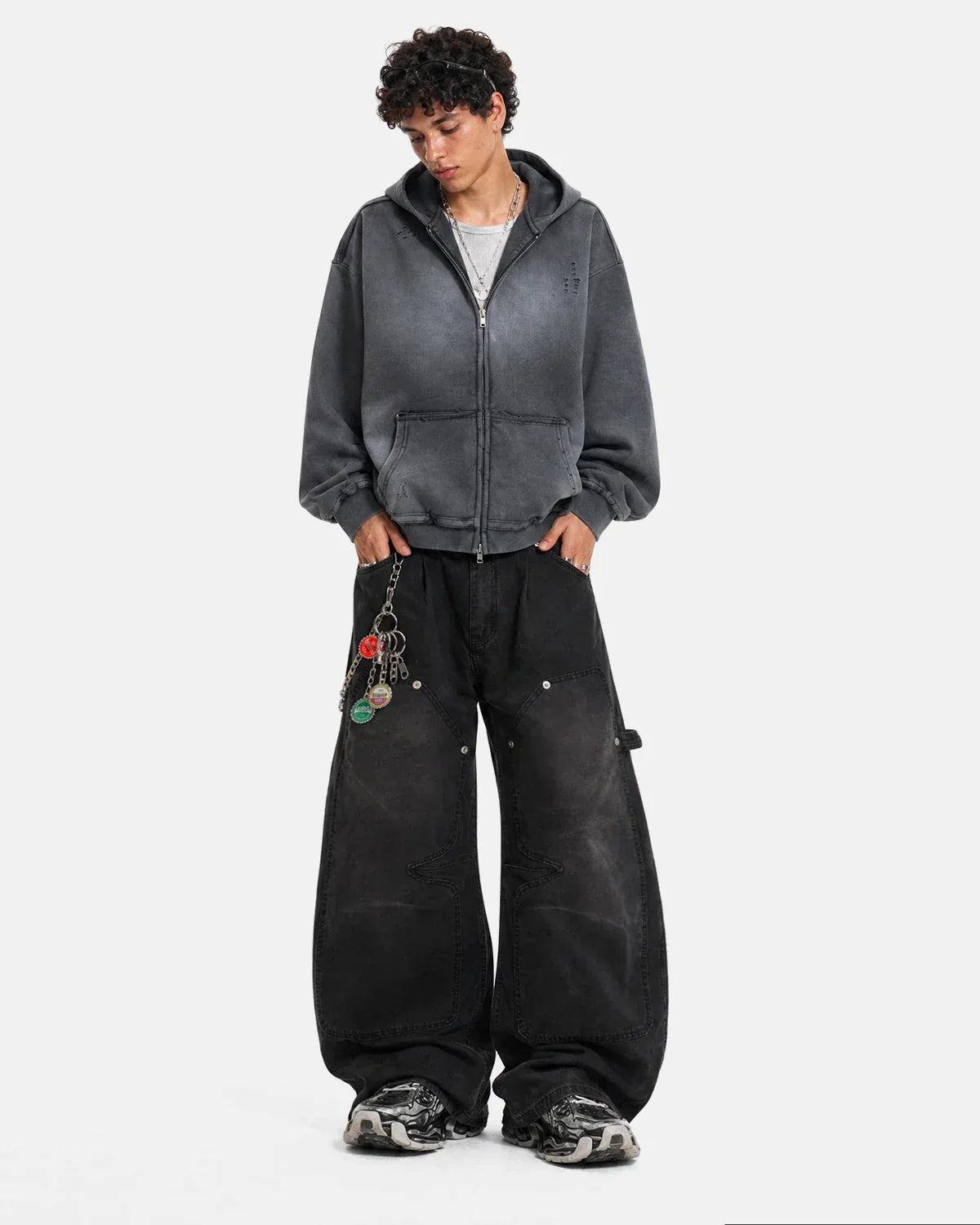 Washed barrel cargo pants by INFLATION, streetwear style with rugged design and multiple pockets, displayed on a model.