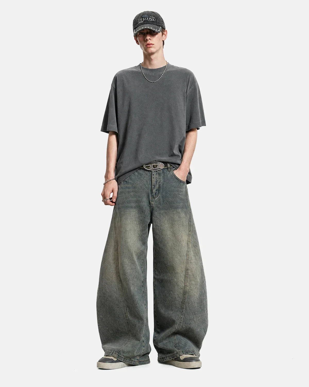 Acid washed cotton T-shirt by INFLATION, featuring a relaxed fit and vintage-style distressed fabric for streetwear look.