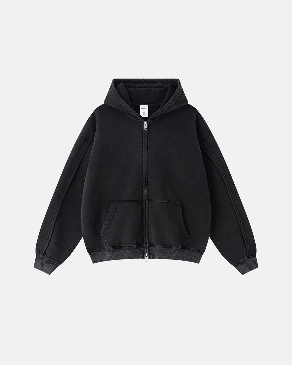 Washed raw edge boxy zip-up hoodie by INFLATION Streetwear, featuring a relaxed fit and distressed detailing on the fabric.