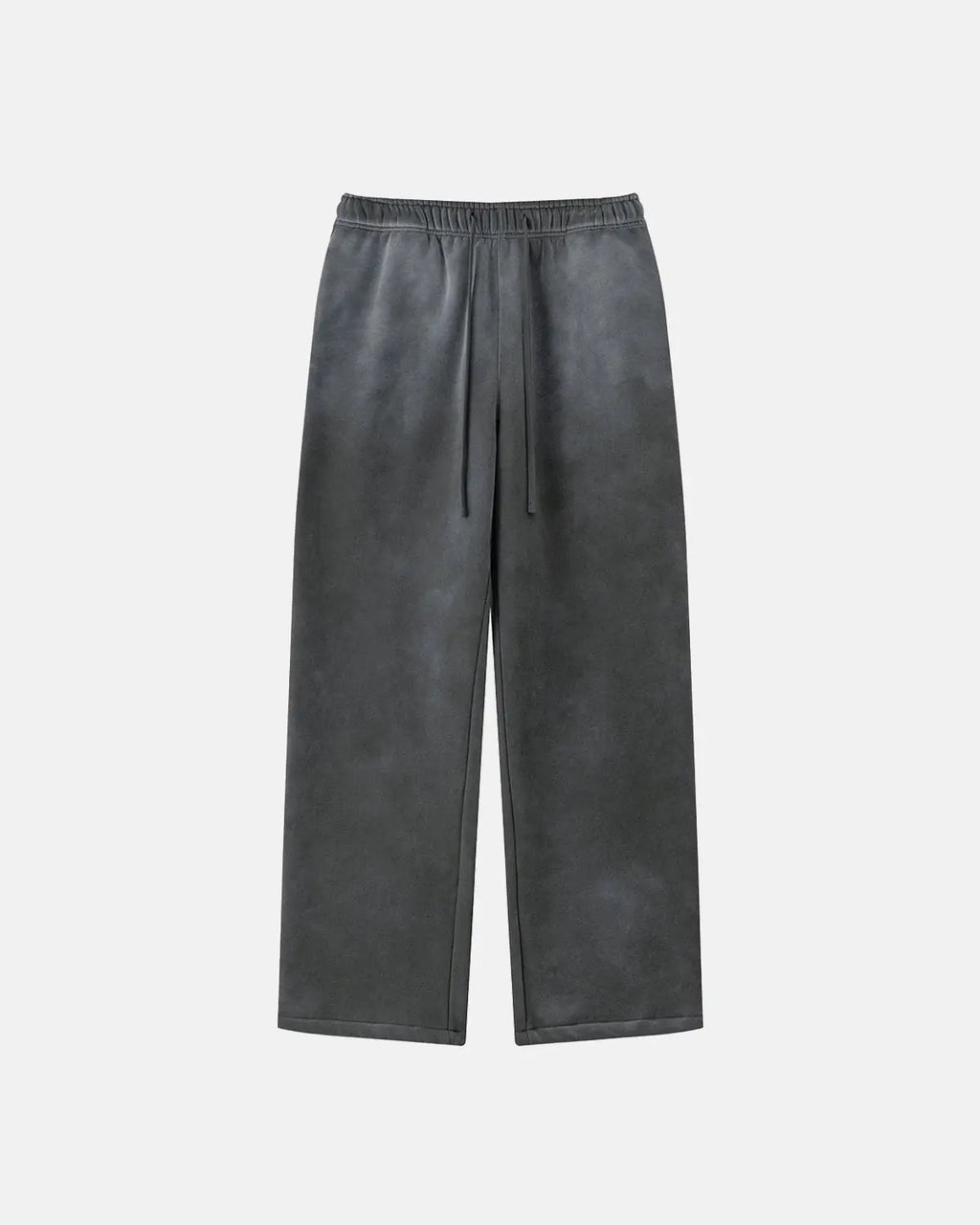 Straight-leg acid wash sweatpants by Flation streetwear, showing the relaxed fit and faded denim-like texture.