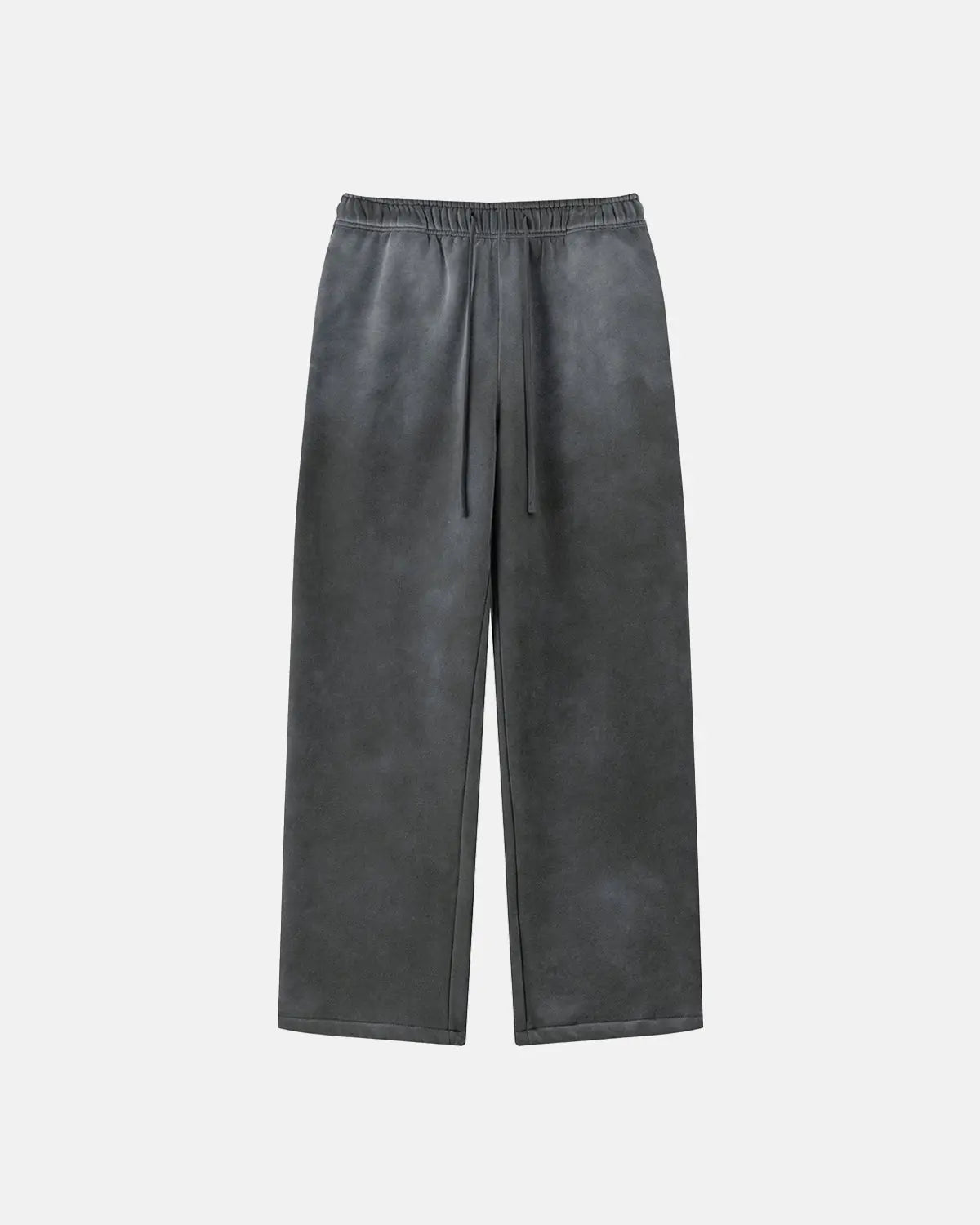 Straight-leg acid wash sweatpants by Flation streetwear, showing the relaxed fit and faded denim-like texture.