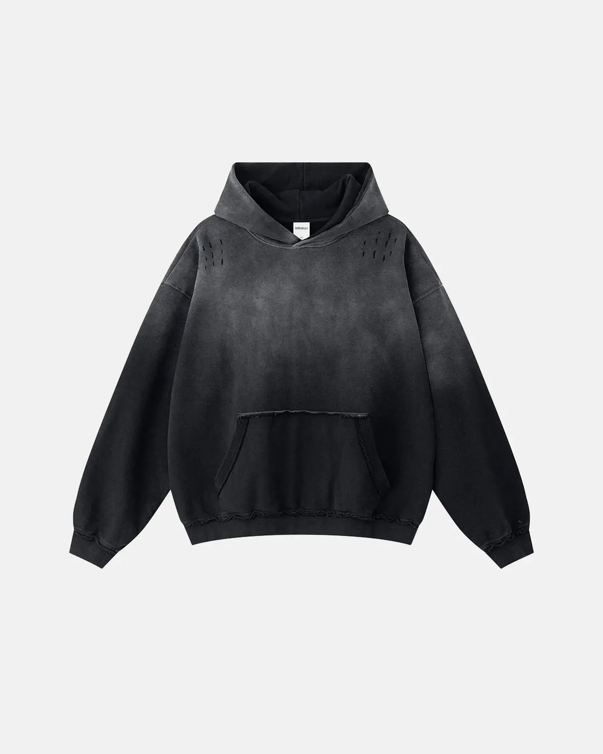 Inflation Streetwear Monkey Wash Ripped Hoodie featuring distressed fabric, casual fit, and streetwear style.