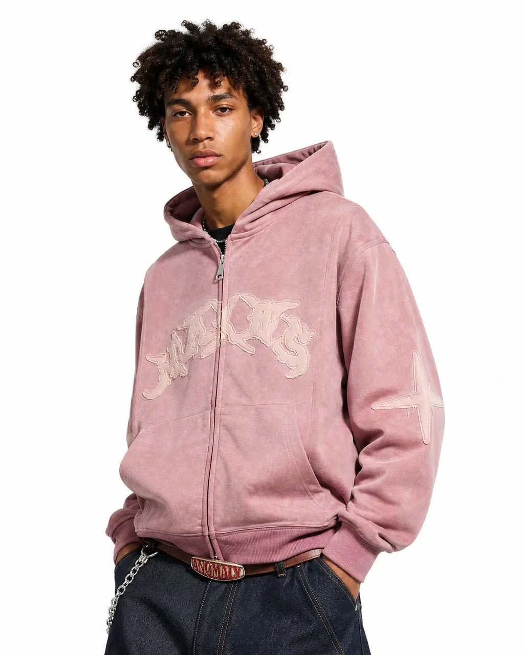 Inflation streetwear suede patch embroidery zip hoodie with front zipper, casual fit, and stylish patch details.