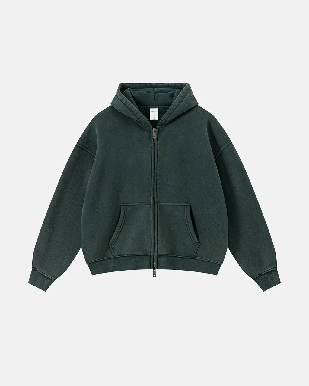 Vintage washed fleece boxy zip hoodie by INFLATION, featuring a relaxed fit and casual streetwear style in soft, textured fabric.