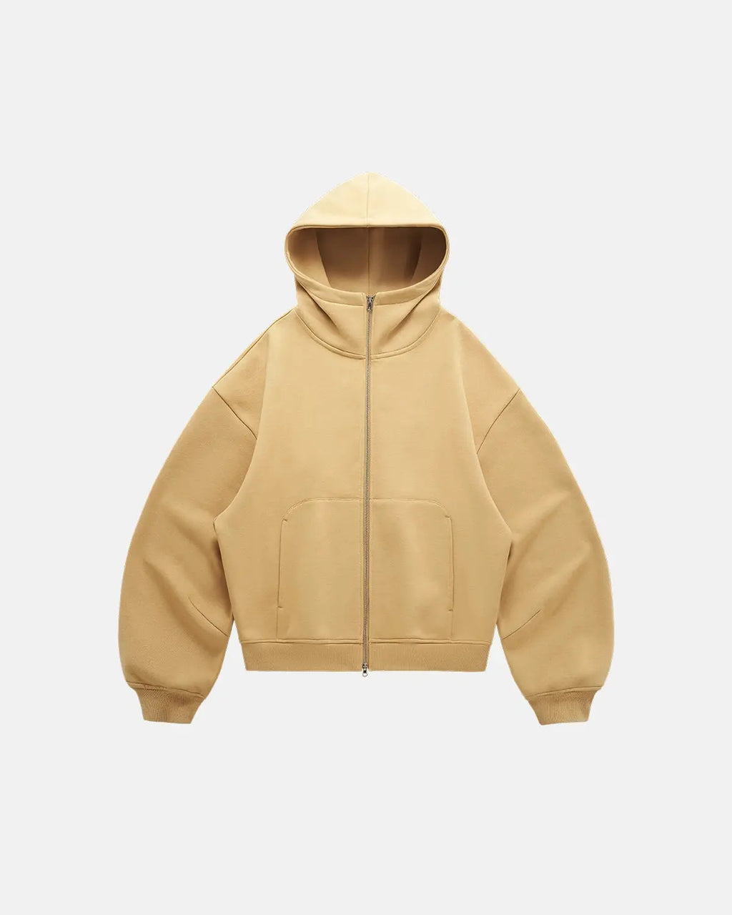 Inflation Streetwear high collar fleece double zip-up hoodie with front pockets and adjustable drawstrings, black color.