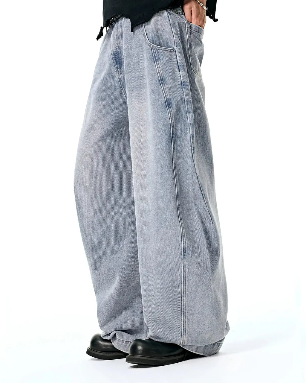 Flation Washed Barrel Baggy Jeans, casual pants with a relaxed fit, featuring a washed denim look and loose style.