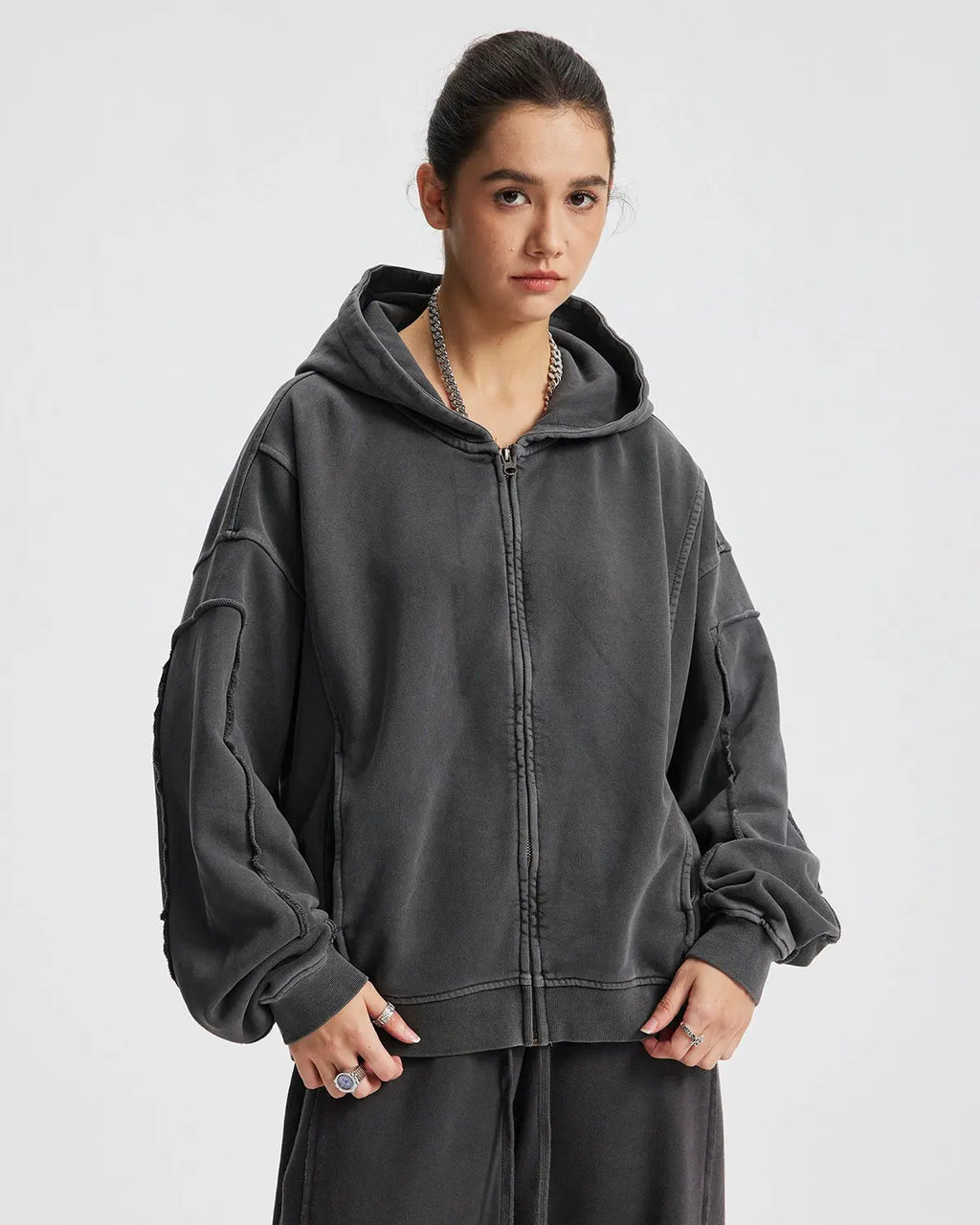 Acid wash stitching zip-up hoodie by Flation Streetwear, featuring a casual fit, front zipper, and distressed acid wash design.