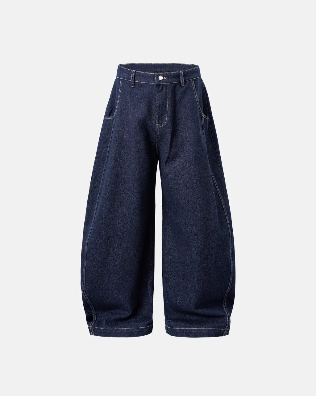 Raw washed barrel jeans by Flation Streetwear, showing distressed denim pants with a relaxed fit and classic five-pocket design.