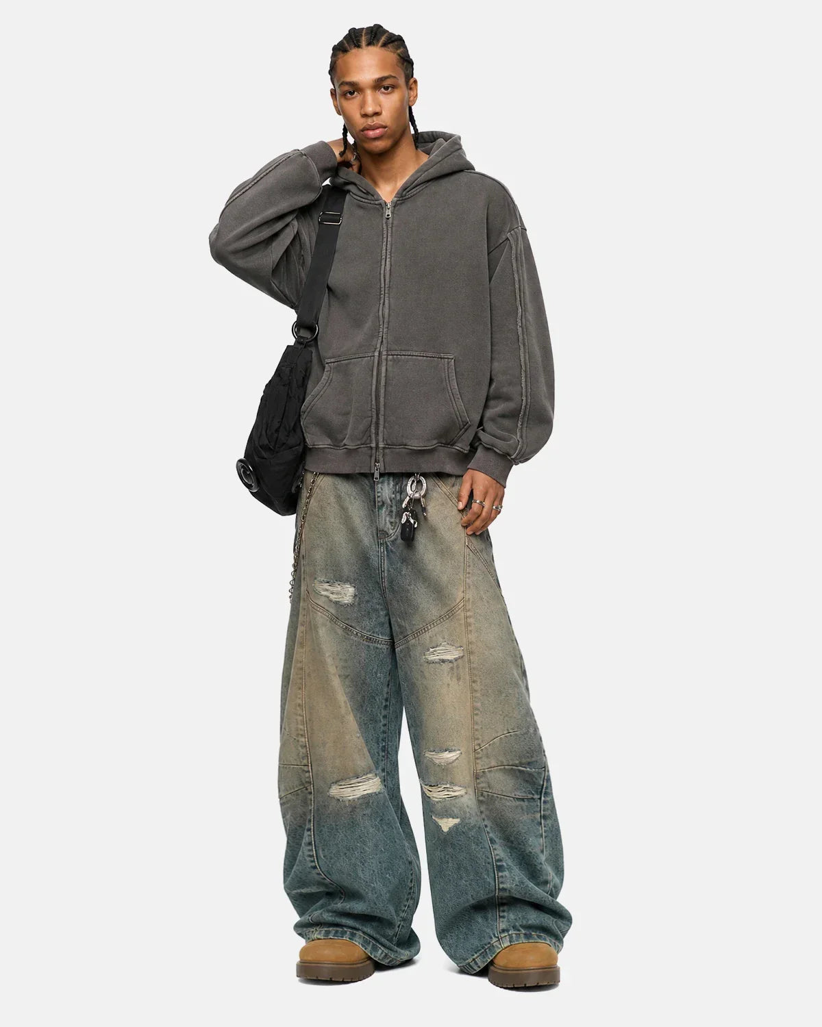 Washed raw edge boxy zip-up hoodie by INFLATION Streetwear, featuring a relaxed fit and distressed raw edges in soft fabric.