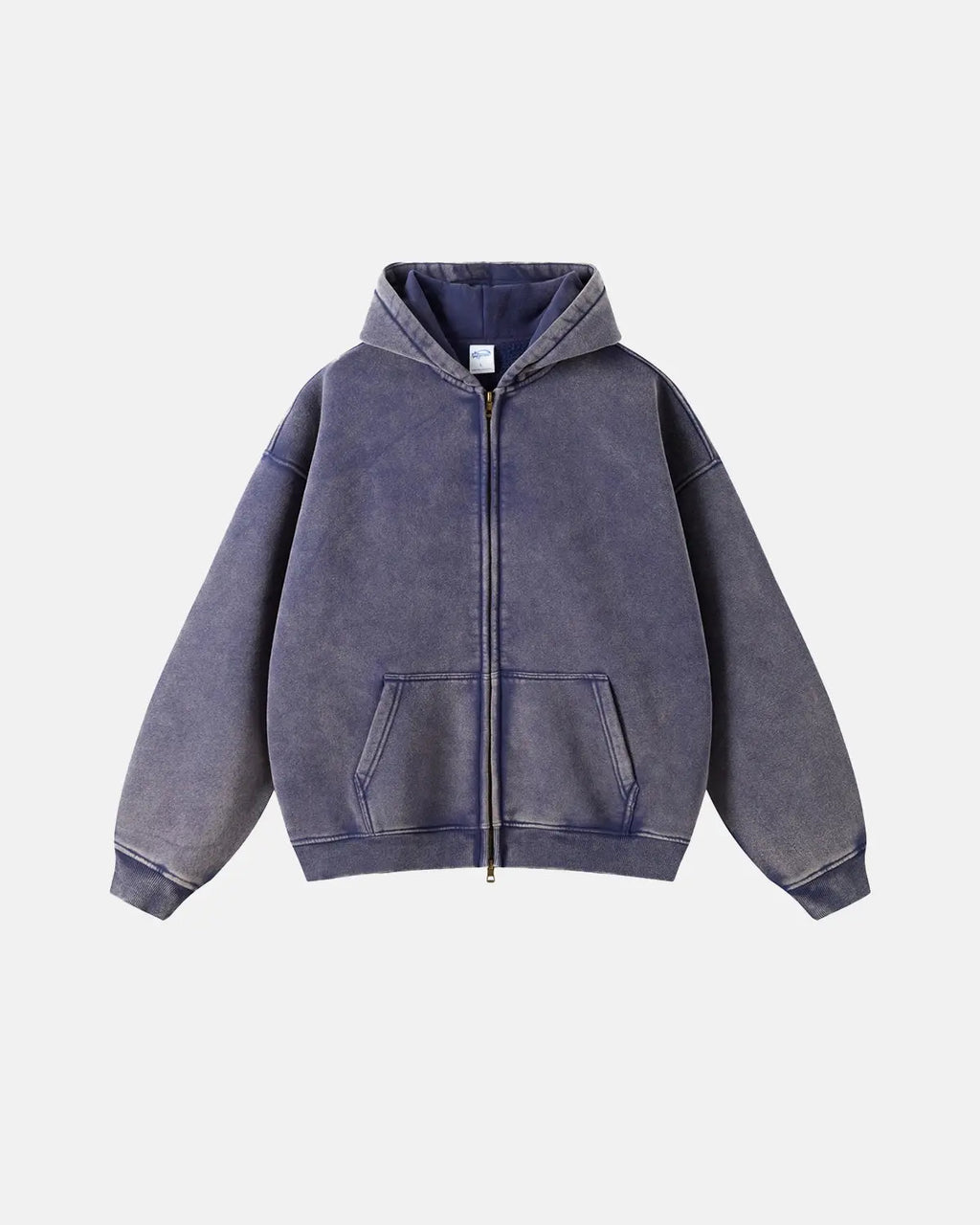 Grey distressed acid wash zip-up hoodie by INFLATION Streetwear, featuring a casual fit with a front zipper and hood.
