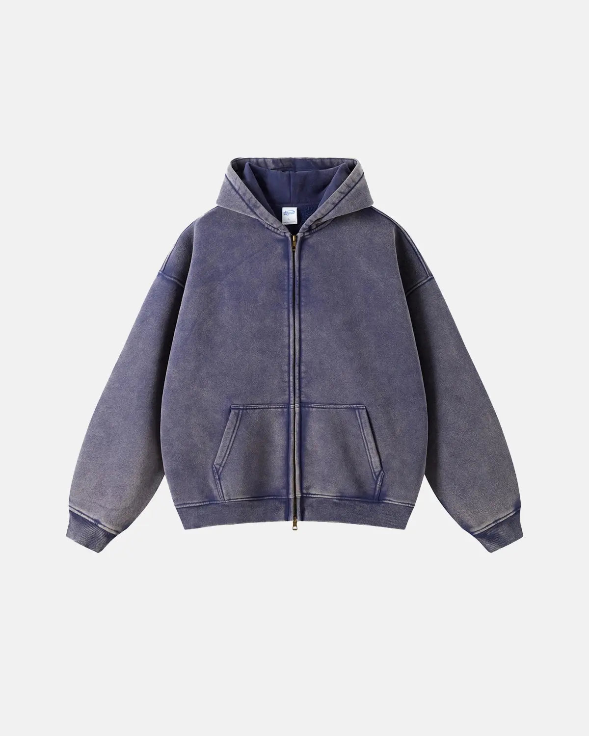 Grey distressed acid wash zip-up hoodie by INFLATION Streetwear, featuring a casual fit with a front zipper and hood.