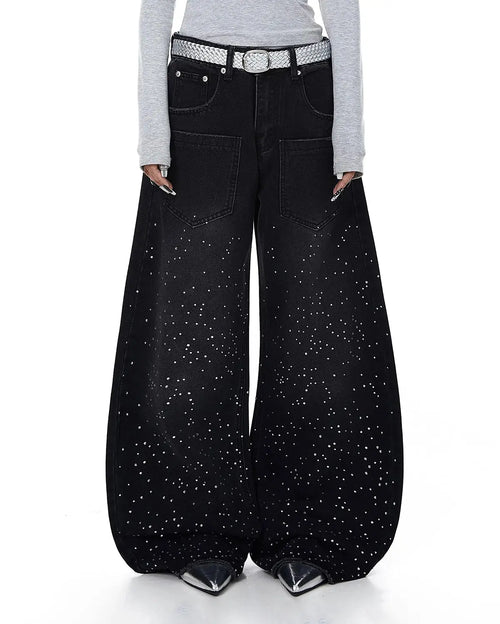 Acid wash rhinestone baggy jeans from INFLATION Streetwear, featuring loose fit, rhinestone embellishments, and distressed denim style.
