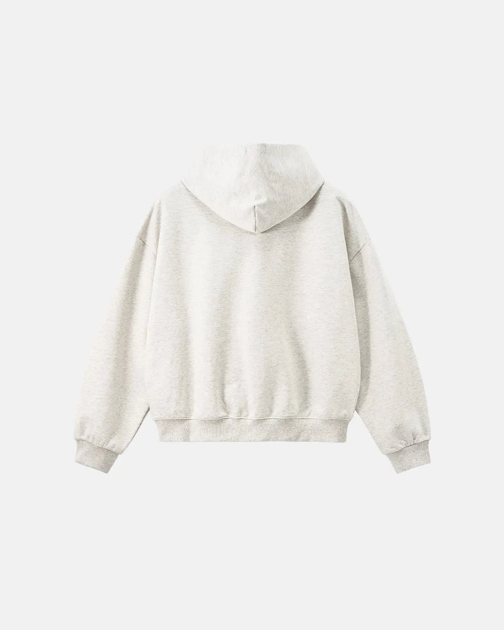 Light gray French Terry zip-up hoodie by Flation Streetwear with a front pocket and hood, displayed on a mannequin.