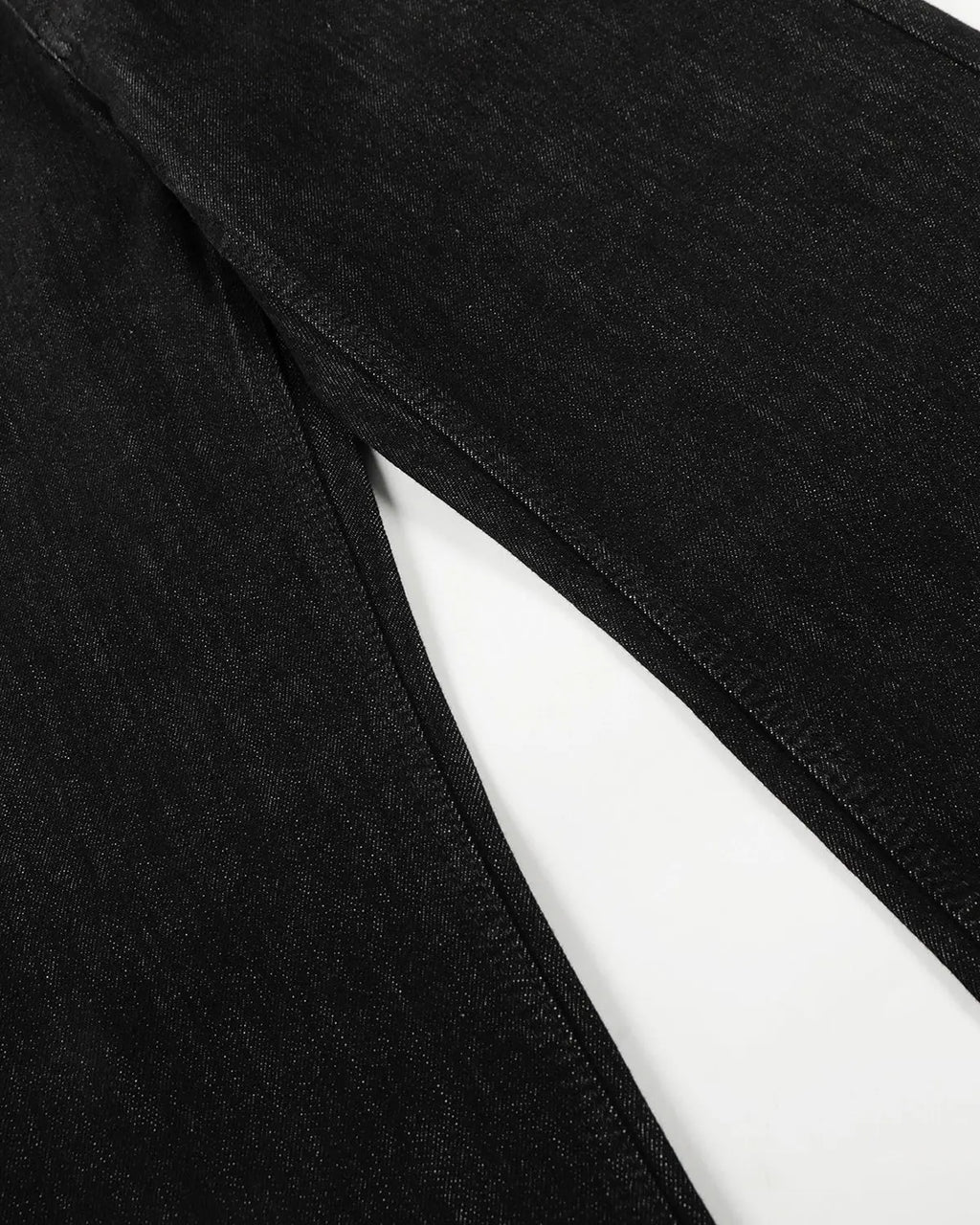 Inflation Raw Buttons Up Baggy Jeans with adjustable waist and distressed details, styled with casual streetwear look.