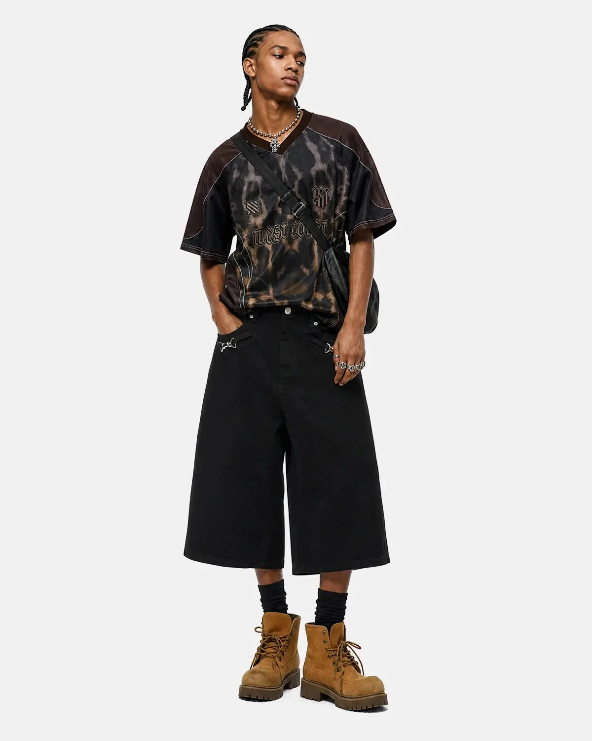 INFLATION Back Buckle Longline Casual Shorts, stylish black pants with back buckle detail and relaxed fit, streetwear fashion.