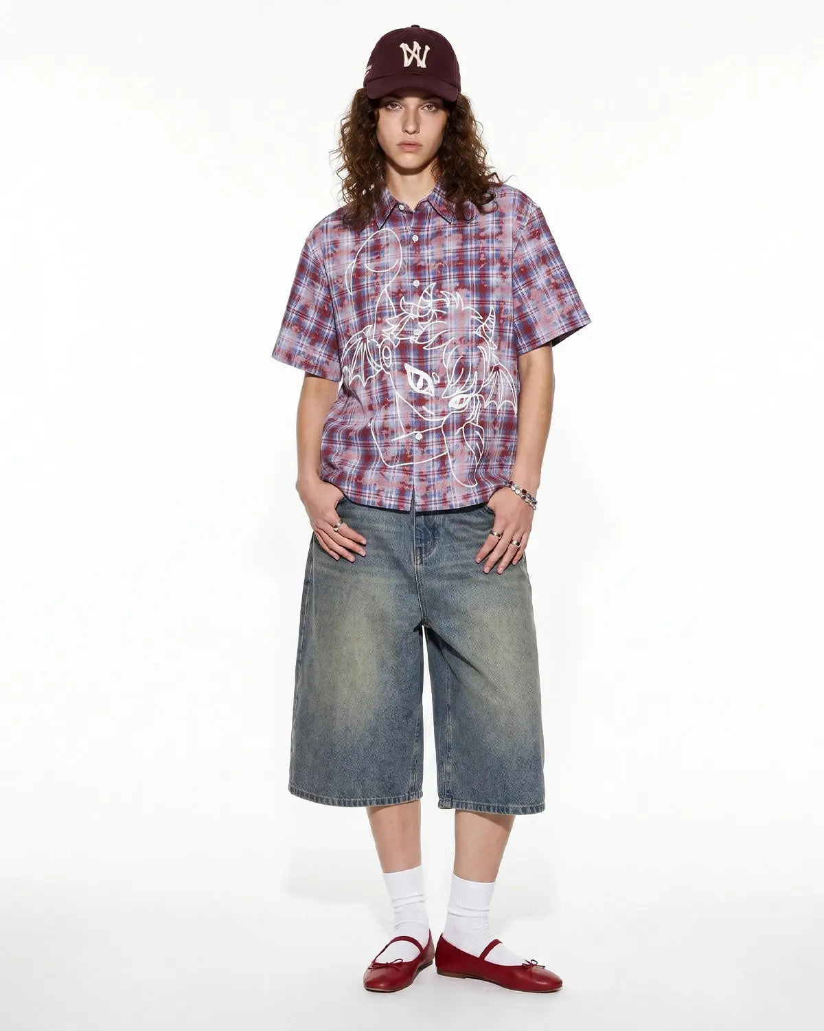 Inflation Streetwear devil embroidered plaid shirt featuring red and black checkered pattern and detailed devil embroidery on the front.