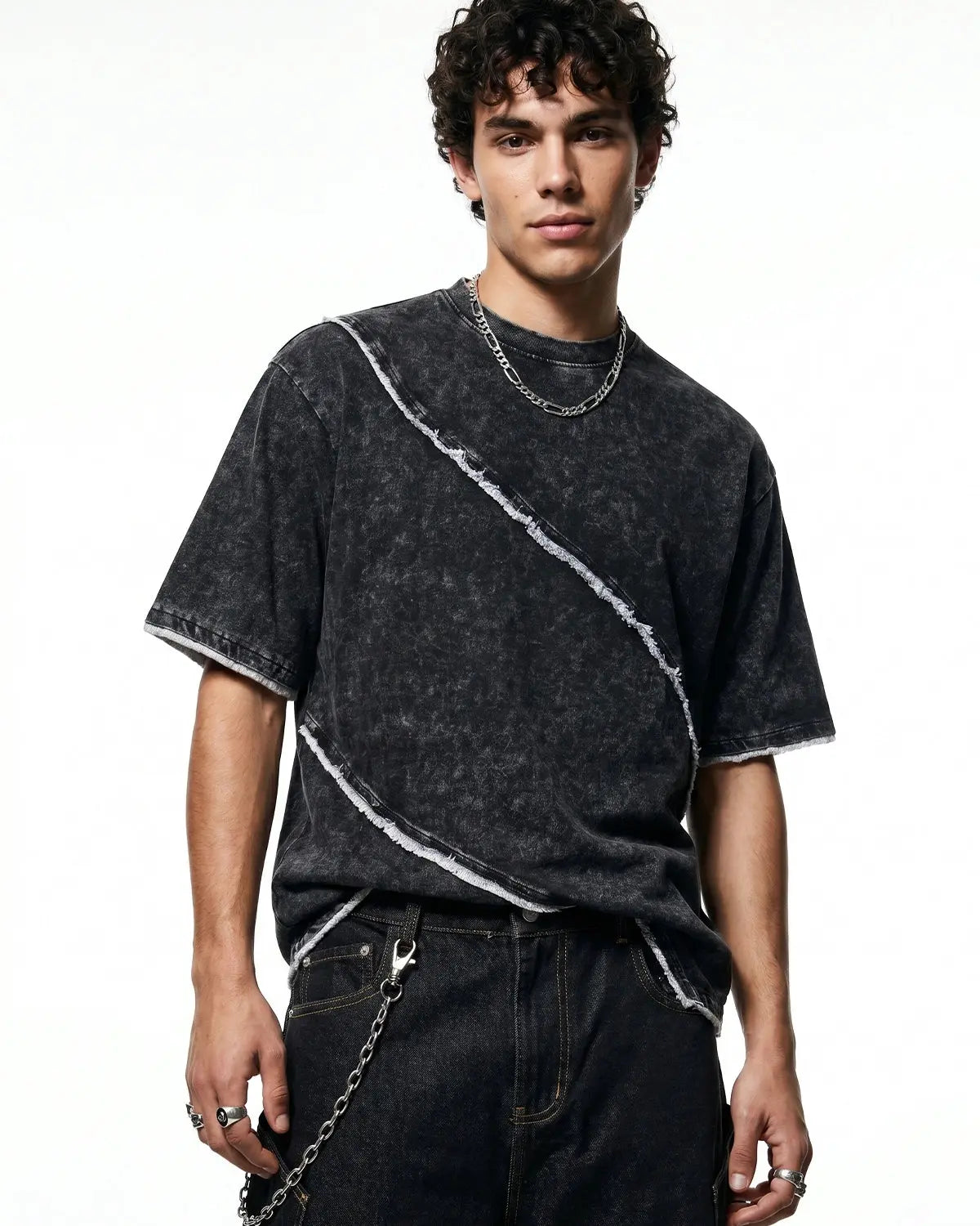 Gray raw edge deconstructed T-shirt from Inflation Streetwear, featuring distressed fabric and relaxed fit.