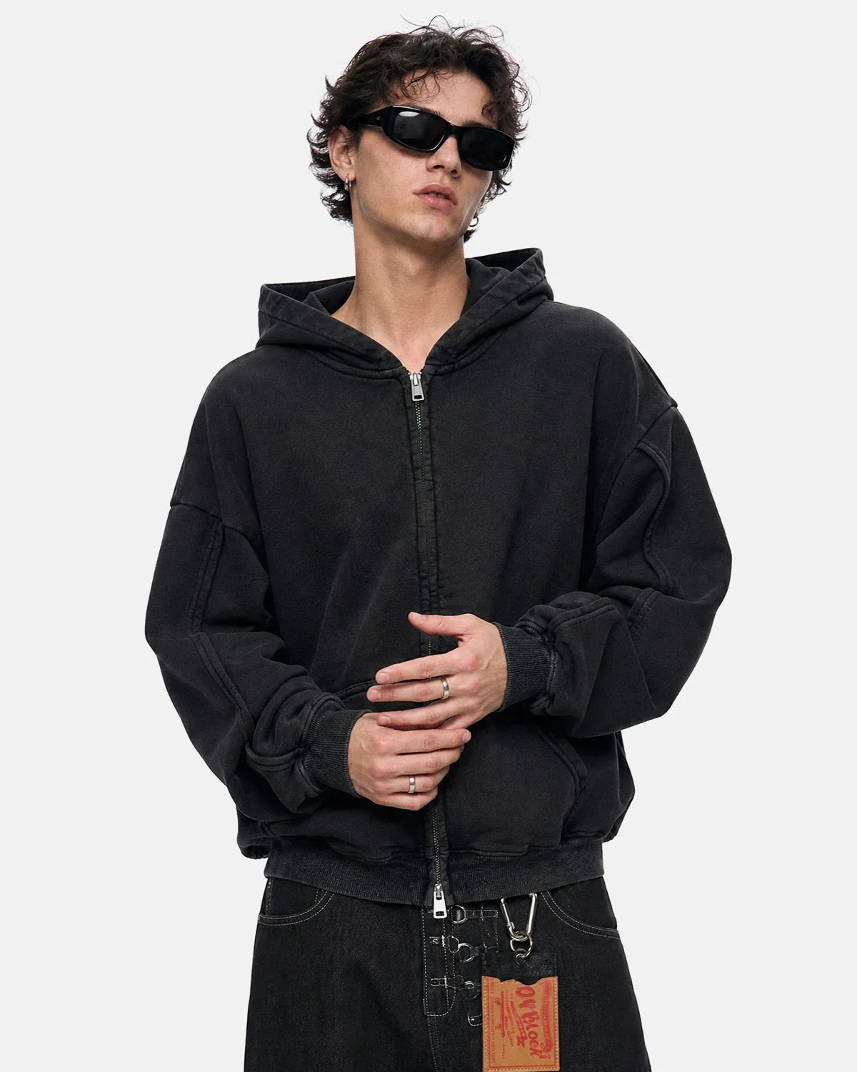 Washed raw edge boxy zip-up hoodie from Inflation Streetwear, featuring a casual fit and distressed detailing.