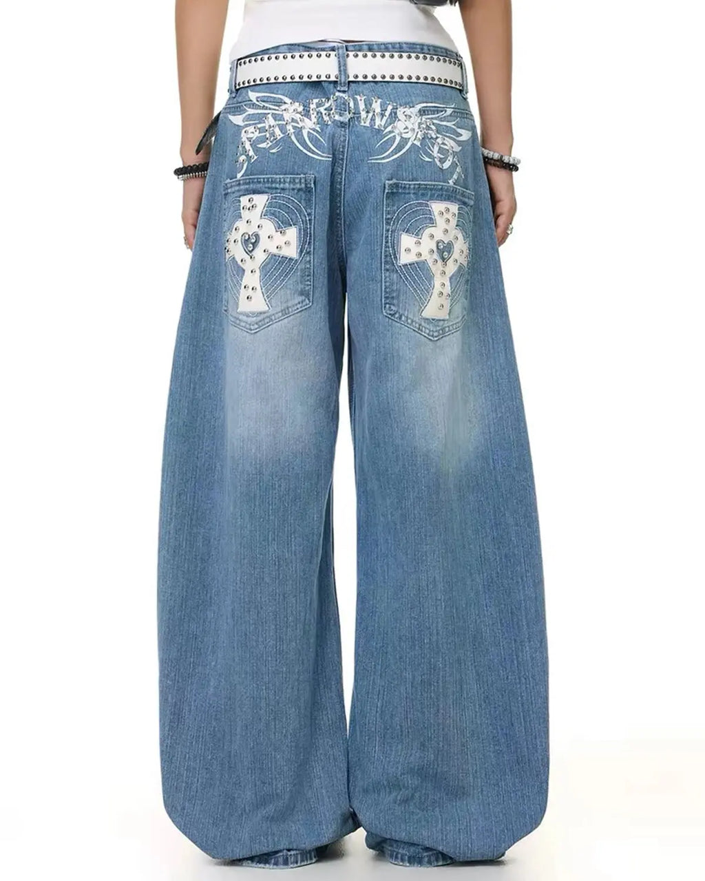 Inflation Cross Stud Bamboo Weave Baggy Jeans featuring distressed bamboo pattern, loose fit, and stylish streetwear design.